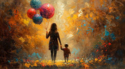 16:9 or 9:16 oil painting Mother walks hand in hand with child holding balloons to an amusement park on Mother's Day.for greeting cards Background or other printing work. - obrazy, fototapety, plakaty