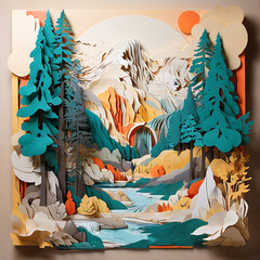 A serene paper art panorama art of lake and mountain