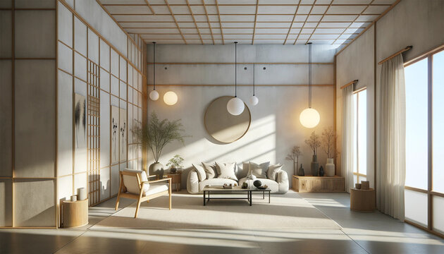 3D render illustration of a modern interior in Japandi style design for a living room. 
