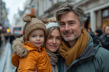family tourist walking at the centre of London city with a clock tower as background