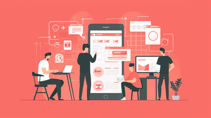 アプリ開発の開発者チーム イラスト_赤色
Developers team illustration. Working on mobile/web application development. Red theme.  [Generative AI]