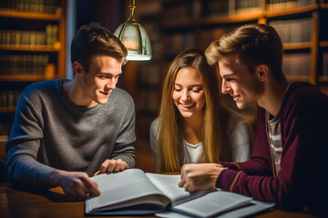 Students communicate smilingly, two guys and a girl are studying in the library at the table.