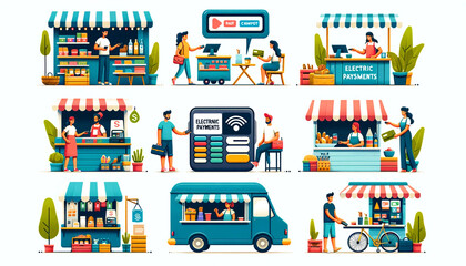 Vector illustrations in flat design style about electronic payments in businesses.