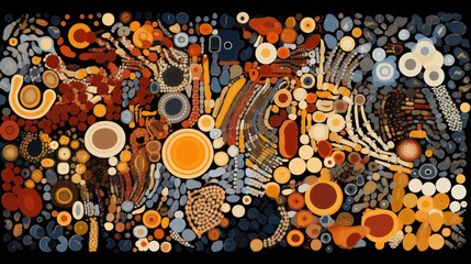  a painting of many circles and shapes in orange, blue, yellow, and brown colors on a black background.