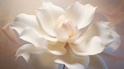  a close up of a white flower on a blue and pink background with a blurry image of a flower in the background.