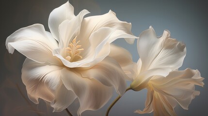  a close up of two white flowers on a black and white background with a blue back ground and a gray back ground.