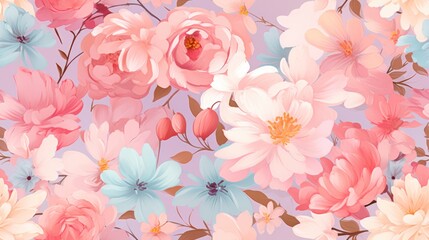  a bunch of pink and blue flowers on a light purple background with pink, blue, pink, and white flowers.