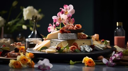  a platter of cheese and flowers on a table with a bottle of wine and a bottle of wine in the background.