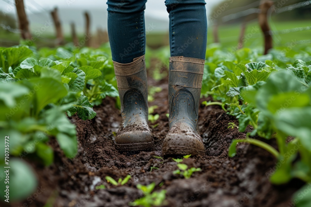 Wall mural young farmer wearing rubber boots standing in farm