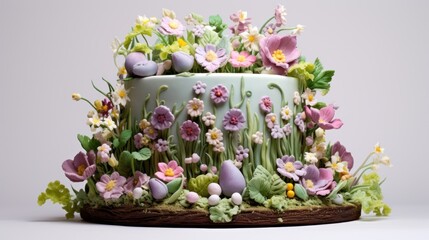  a cake decorated with flowers and grass on top of a white table with a white wall in the back ground.