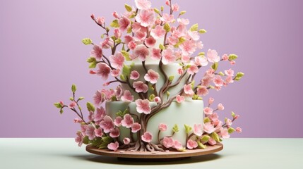  a cake with pink flowers on top of it on a wooden platter with a purple wall in the background.