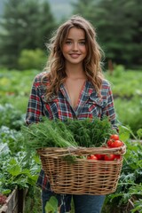 Young woman farmer with wavy hair in plaid shirt holds basket of vegetables in the field