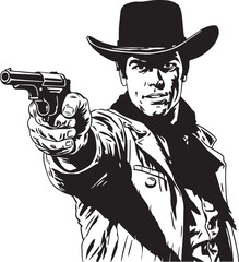 Retro cowboy hold gun, Hand Drawn Cowboy shoots a revolver Vector illustration