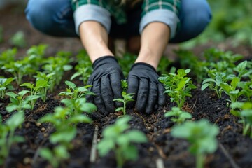 Fototapeta premium Young farmer planting seedlings in farm