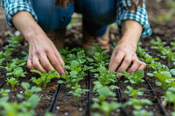 Fototapeta premium Young farmer planting seedlings in farm