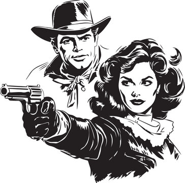 Retro cowboy and woman hold gun, Hand Drawn Cowboy and woman shoots a revolver Vector illustration