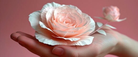 Pink White Paper Rose Palm Hand, Background Design Images