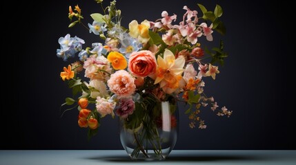  a vase filled with lots of colorful flowers on top of a table next to a black wall in a dark room.