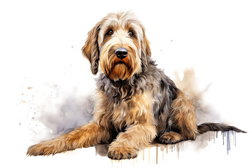An otterhound, bred originally for otter hunting. A native English breed that is now vulnerable. Digital watercolour on white. - obrazy, fototapety, plakaty