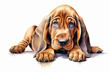 A cute bloodhound puppy on white background. Digital watercolour.
