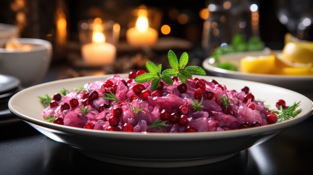  a close up of a plate of food with cranberries and other food on a table with candles in the background.