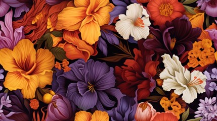  a close up of a bunch of flowers with many colors of purple, yellow, orange, and red flowers.