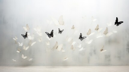  a group of black and white butterflies flying in the air in front of a frosted glass wall in a room.