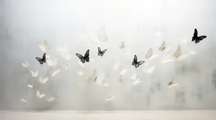 Fotobehang  a group of black and white butterflies flying in the air in front of a frosted glass wall in a room. © Anna