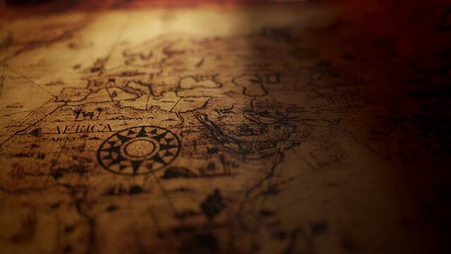 Close up of a old vintage map with countries and continents. Retro style. Concept of geography or global history and cartography.