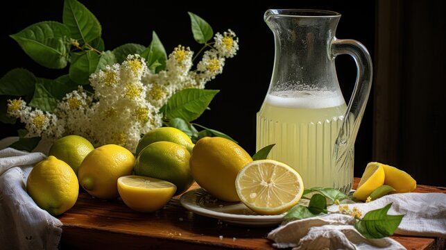  lemons, limes, and a pitcher of lemonade sit on a table next to a bouquet of flowers.