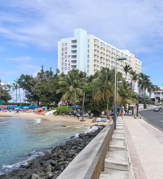 Condado Plaza hotel and tropical beach viewed from Puente Dos Hermanos bridge in old San Juan Puerto Rico.