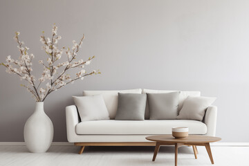 Modern Scandinavian-style interior with sofa and trendy vase