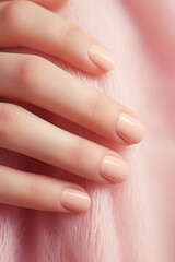 Naklejka premium Delicate female hand with elegant nude nail polish manicure against faux fur background texture