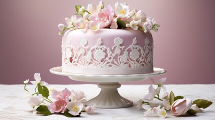 a close up of a cake on a cake plate with flowers on the side of the cake and a pink wall in the background.