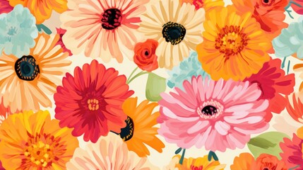  a close up of a bunch of flowers on a white background with red, orange, yellow, and blue flowers.