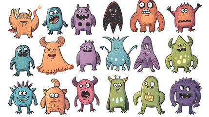 monsters Funny line hand-drawn aliens for coloring pages. Flat illustration