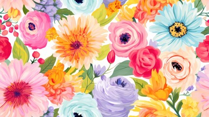  a bunch of flowers that are on top of a white surface with a pink, yellow, and blue flower on it.