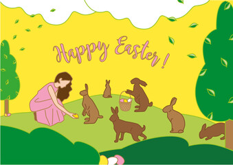 happy easter landscape theme with Rabbits and Girl and Easter Eggs