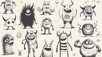 Foto op Canvas monsters Funny line hand-drawn aliens for coloring pages. Flat illustration © Jan