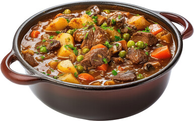 Delicious Tasty Beef meat and vegetables stew in pot, potatoes, carrots, PNG, Transparent, isolate. - obrazy, fototapety, plakaty