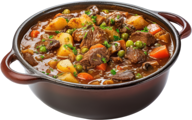 Delicious Tasty Beef meat and vegetables stew in pot, potatoes, carrots, PNG, Transparent, isolate.