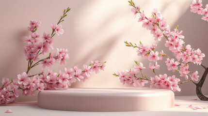 Mable, 3D background, beige podium display. Sakura pink flower tree branch. Cosmetic or beauty product promotion step floral pedestal. Abstract minimal advertise. 3D render copy space spring mockup. 