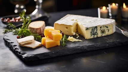 a variety of cheeses on a black slate platter with a glass of wine and candles in the background.
