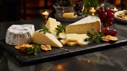  a platter of cheese, crackers, grapes, and crackers on a table with candles in the background.