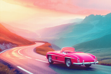Pixel Art Illustration of a Classic Vintage car with landscape on Mountain Road at sunset, Retro Color, Video Game Pixelart, trip, vacation, travel, journey - obrazy, fototapety, plakaty