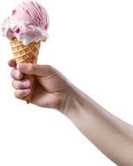 Hand holding Delicious ice cream in waffle cones, Homemade, PNG, Transparent, isolate.