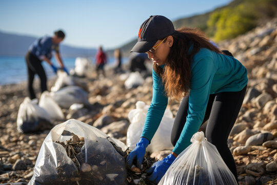 A team of volunteers cleaning up a beach, removing plastic and debris to protect marine life.