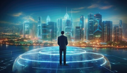 Obraz premium Human interaction of advanced technology based on AI hologram with greenery city concept, eco-friendly city with hologram network light bulb screen icons for energy source renewable.