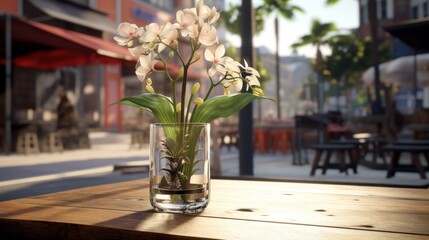  a vase filled with white flowers sitting on top of a wooden table in front of a glass of water on top of a wooden table. - obrazy, fototapety, plakaty