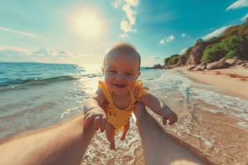 Point of view photography of a father holding his baby with both hands while playing with him on a beautiful beach - obrazy, fototapety, plakaty